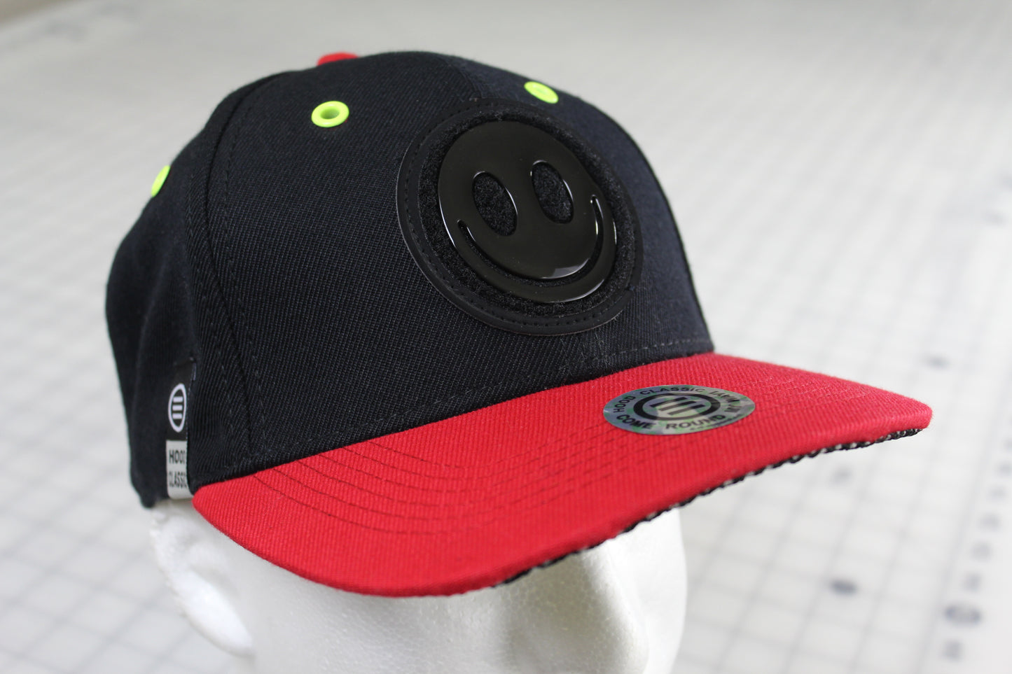 E-D Brotherhood - Happy Face Baseball Cap (Flat Visor) w. Ultra High Gloss Black Fusion Patch (Black/Red/Neon Yellow)