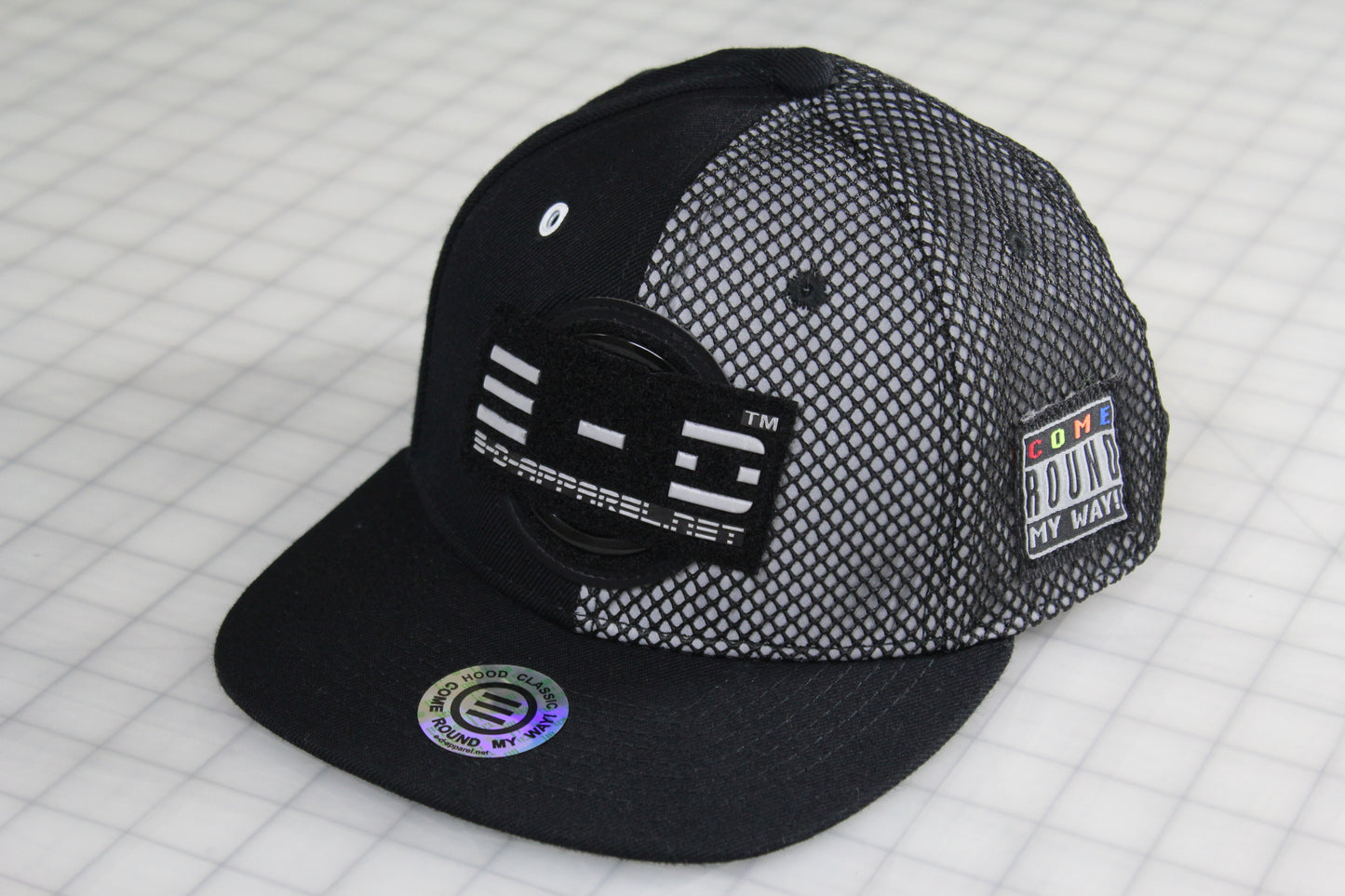 E-D Brotherhood - Half & Half Baseball Cap (Flat Visor) Black w. 1/2 Reflective Grey Mesh Overlay (Half Extraordinary Half Amazing)