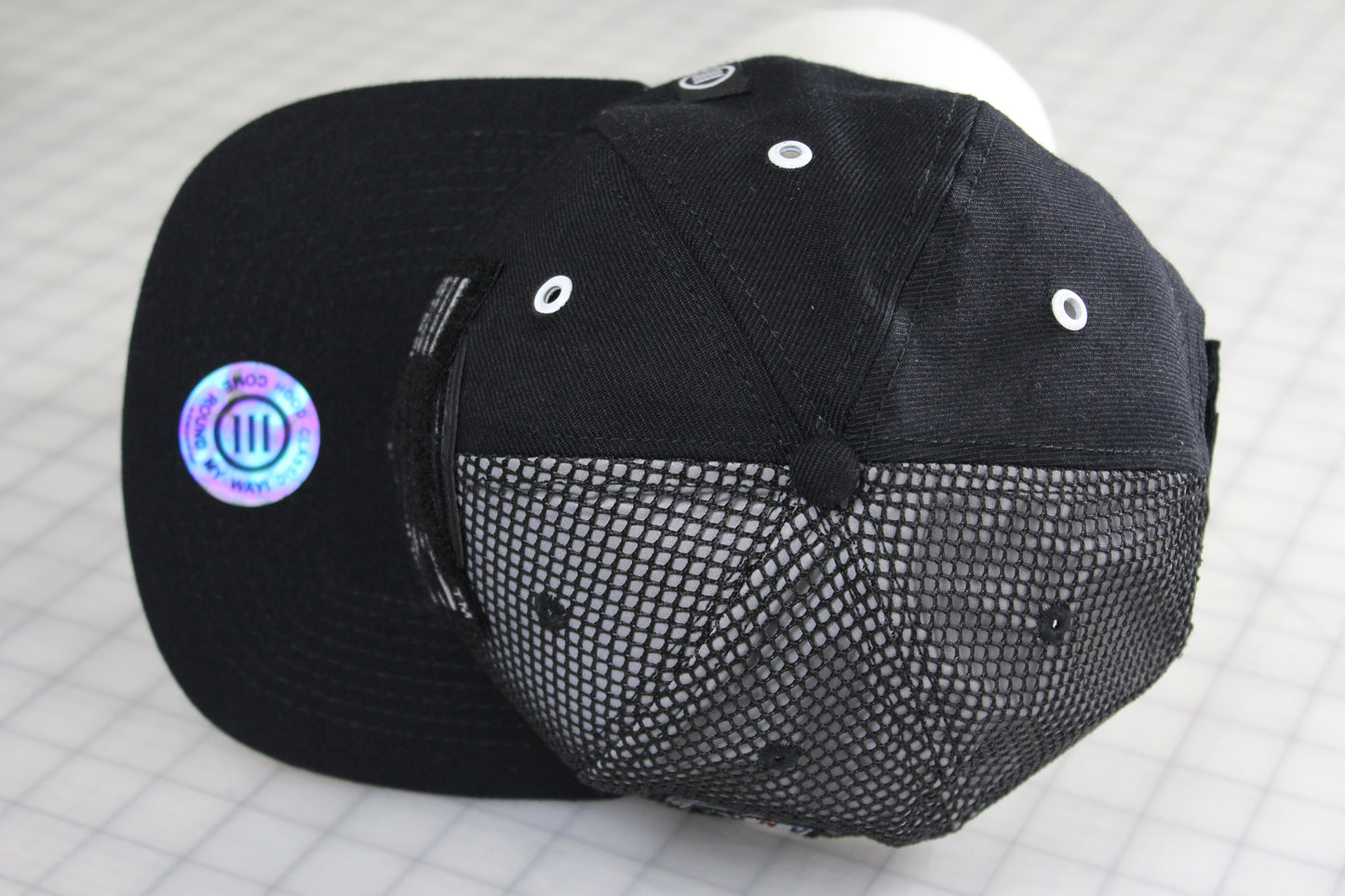 E-D Brotherhood - Half & Half Baseball Cap (Flat Visor) Black w. 1/2 Reflective Grey Mesh Overlay (Half Extraordinary Half Amazing)