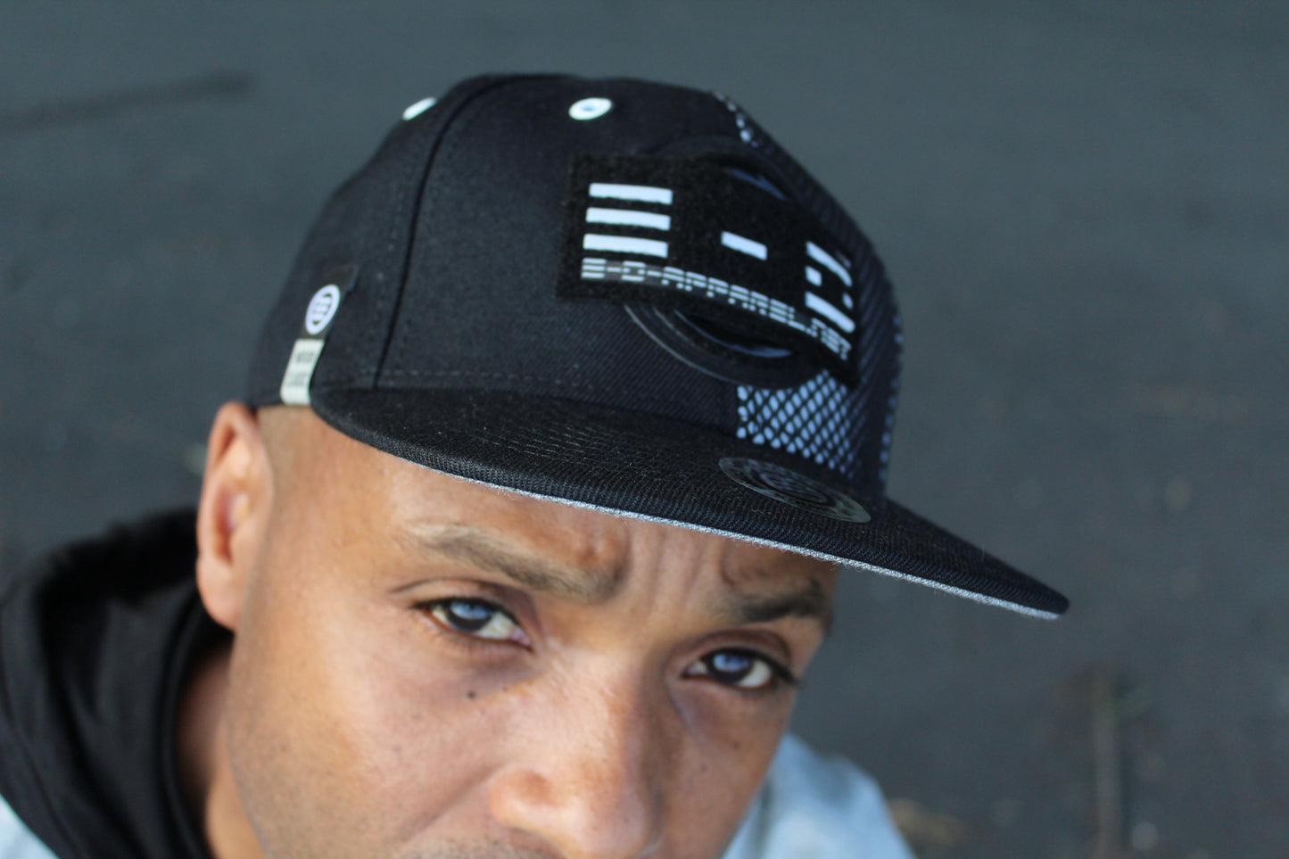 E-D Brotherhood - Half & Half Baseball Cap (Flat Visor) Black w. 1/2 Reflective Grey Mesh Overlay (Half Extraordinary Half Amazing)