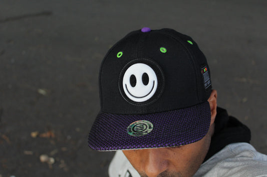 E-D Brotherhood - Happy Face Baseball Cap (Flat Visor) w. 3M Night Reflective Grey Happy Face Fusion Patch (Black/Purple/Irish Green)