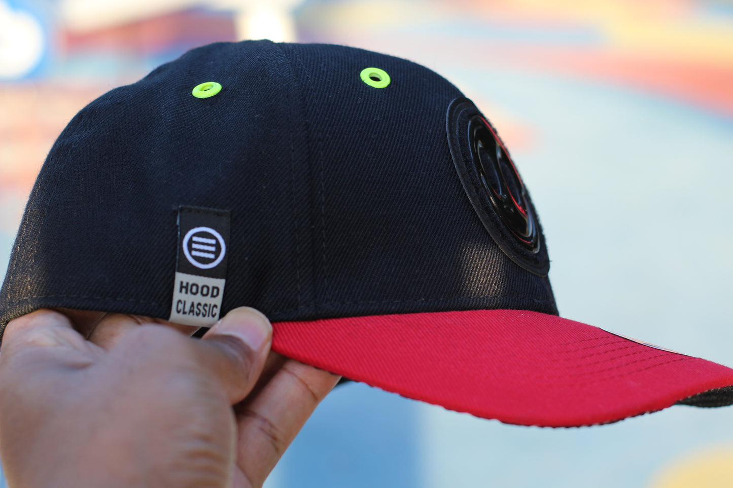 E-D Brotherhood - Happy Face Baseball Cap (Flat Visor) w. Ultra High Gloss Black Fusion Patch (Black/Red/Neon Yellow)