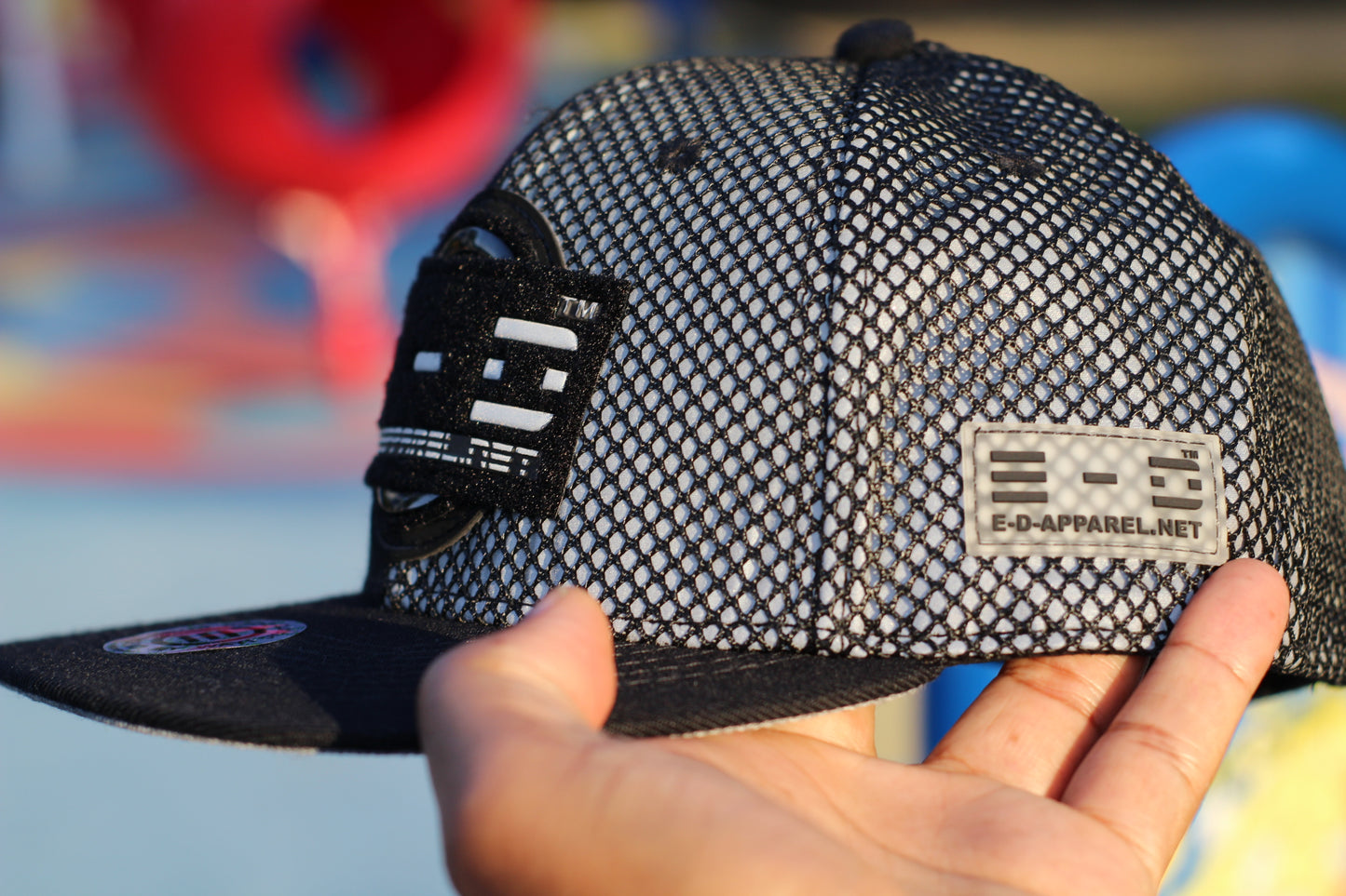 E-D Brotherhood - Half & Half Baseball Cap (Flat Visor) Black w. 1/2 Reflective Grey Mesh Overlay (Half Extraordinary Half Amazing)